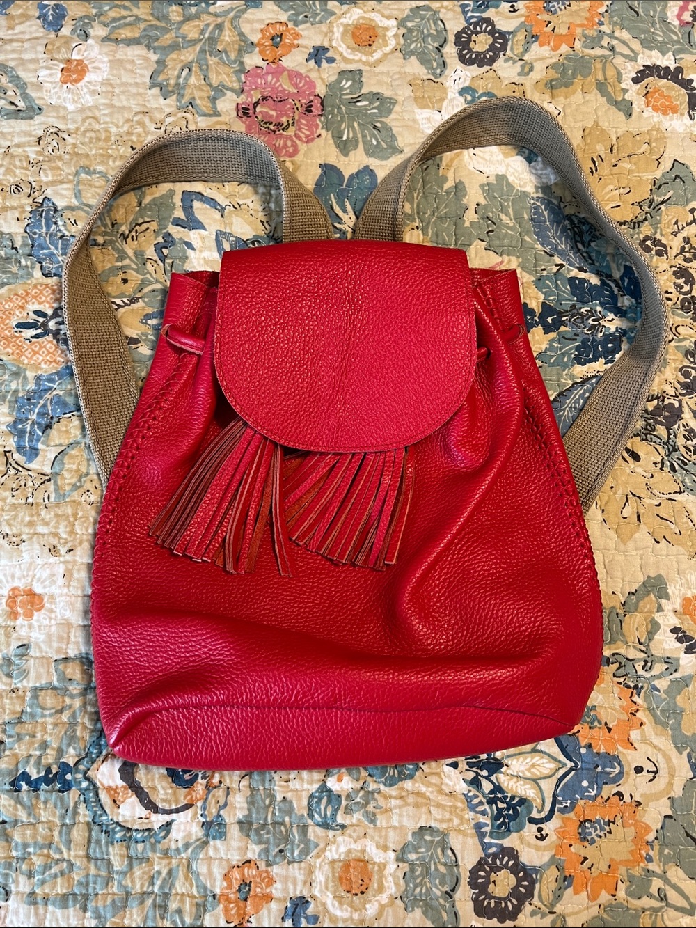 Red Leather Fringe Drawstring Backpack - Casual Women's Backpack
